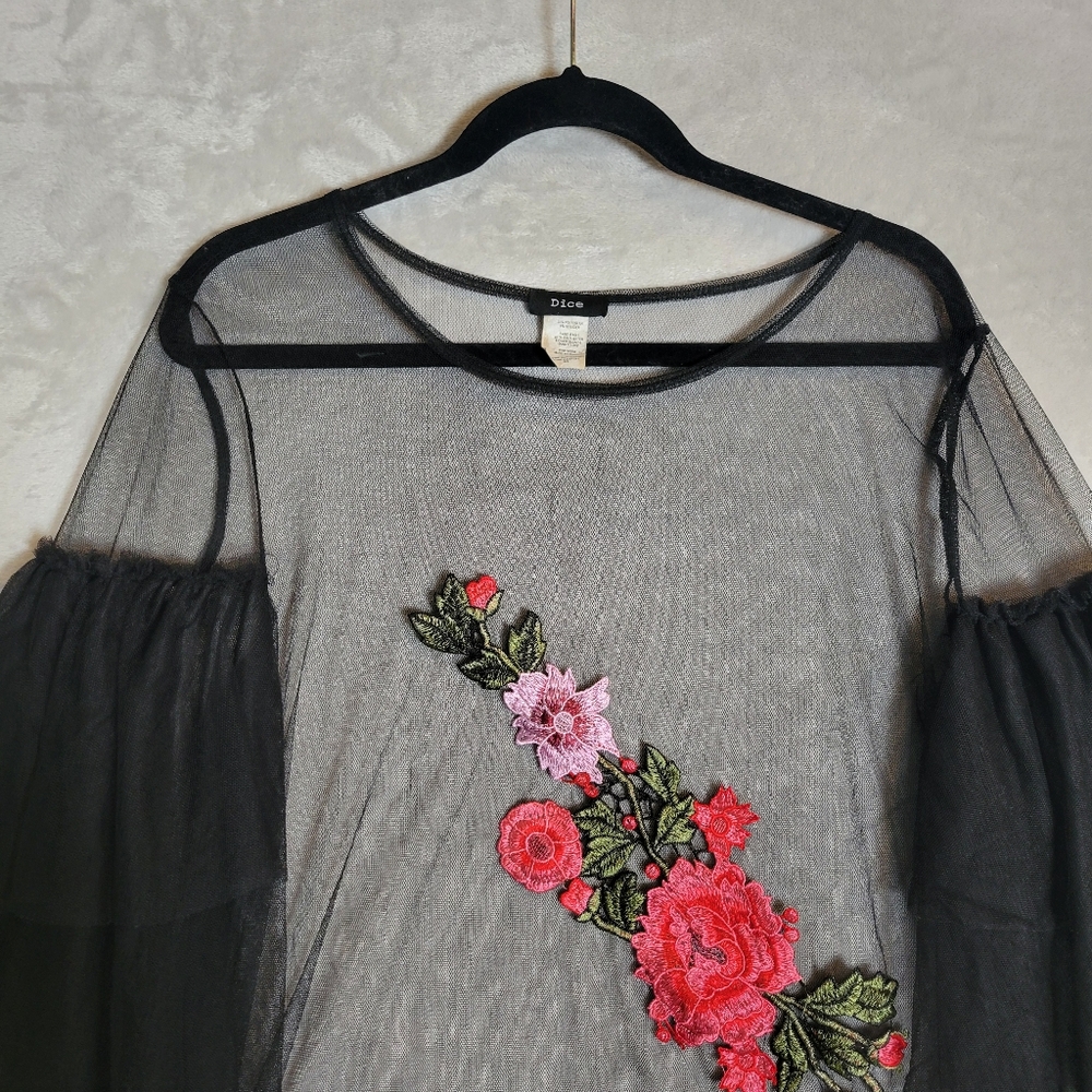 Vintage Black Whimsigoth Sheer Mesh Floral Applique Shirt 3X Tiered Sleeves - Picture 3 of 12